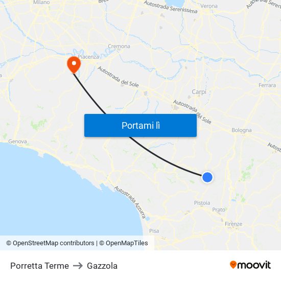 Porretta Terme to Gazzola map