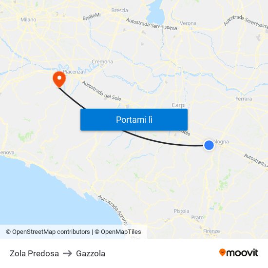 Zola Predosa to Gazzola map