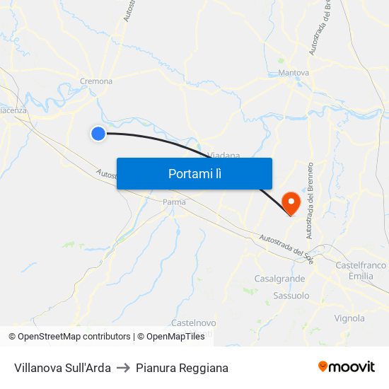 Villanova Sull'Arda to Pianura Reggiana map