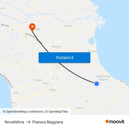 Novafeltria to Pianura Reggiana map