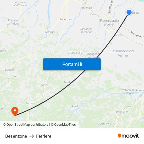 Besenzone to Ferriere map