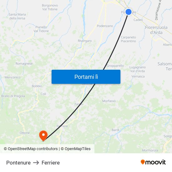 Pontenure to Ferriere map