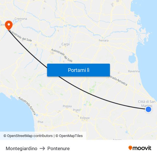 Montegiardino to Pontenure map