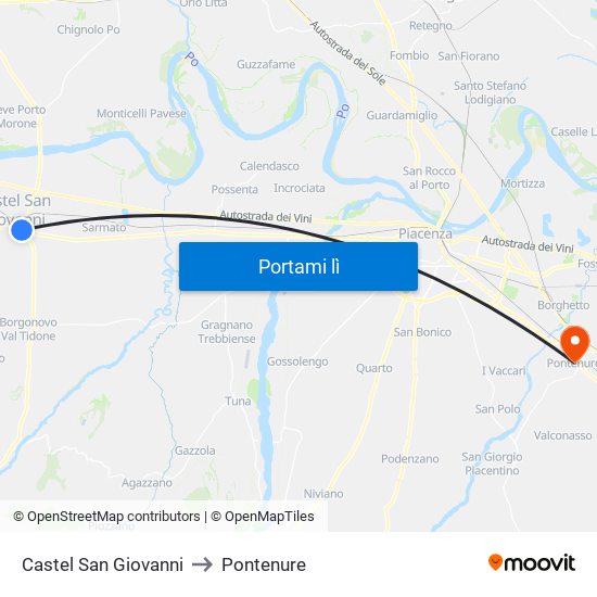 Castel San Giovanni to Pontenure map