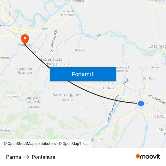 Parma to Pontenure map
