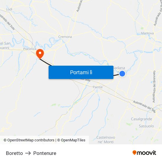 Boretto to Pontenure map