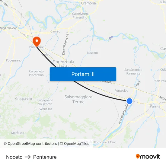 Noceto to Pontenure map