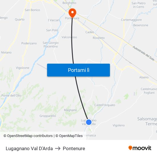 Lugagnano Val D'Arda to Pontenure map