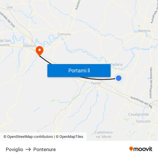 Poviglio to Pontenure map