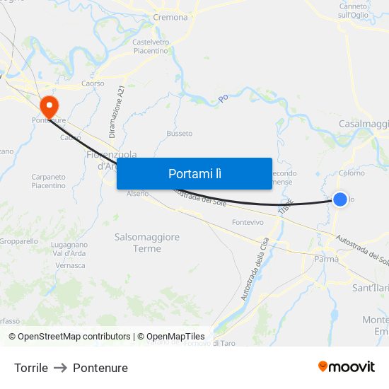 Torrile to Pontenure map