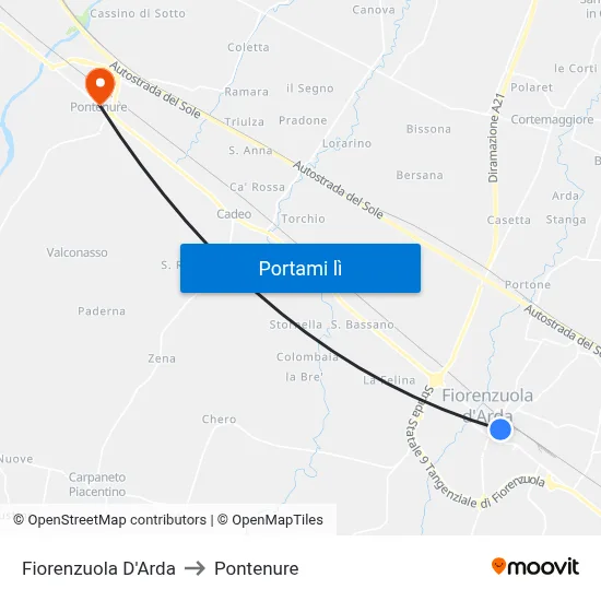 Fiorenzuola D'Arda to Pontenure map