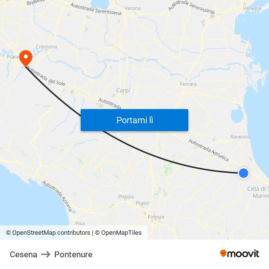 Cesena to Pontenure map