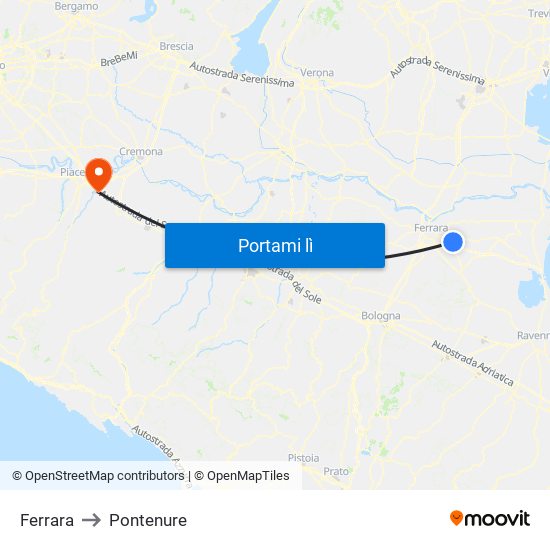 Ferrara to Pontenure map