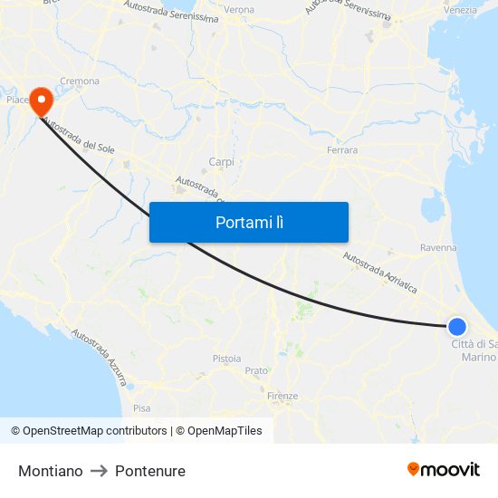 Montiano to Pontenure map