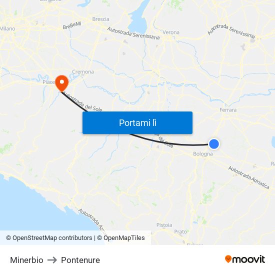 Minerbio to Pontenure map