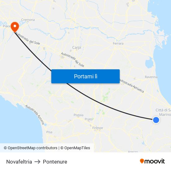 Novafeltria to Pontenure map