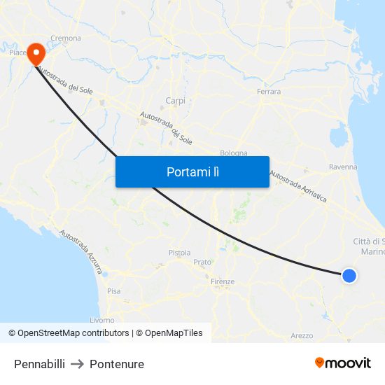 Pennabilli to Pontenure map