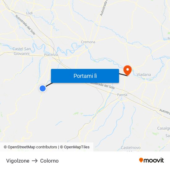 Vigolzone to Colorno map