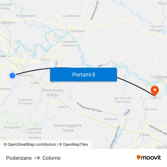 Podenzano to Colorno map