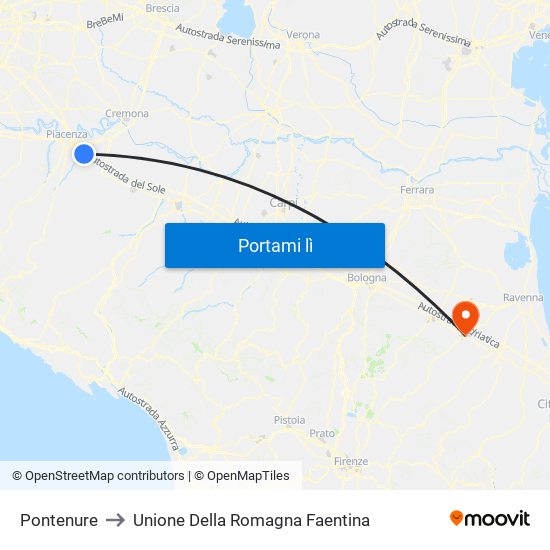 Pontenure to Unione Della Romagna Faentina map