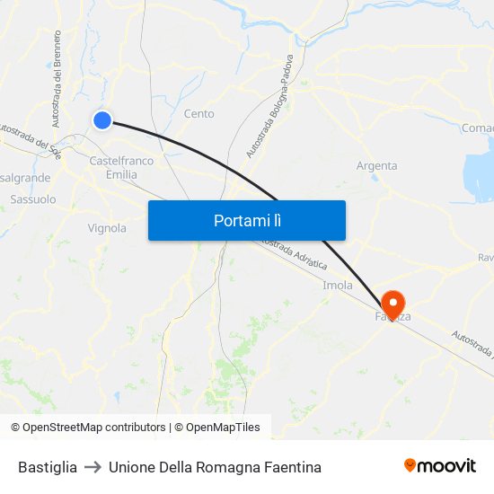 Bastiglia to Unione Della Romagna Faentina map