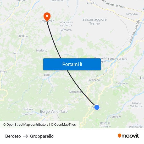 Berceto to Gropparello map