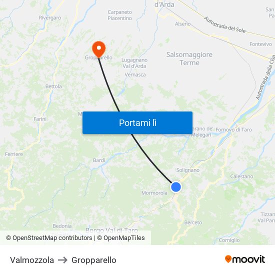 Valmozzola to Gropparello map