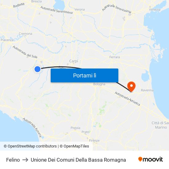 Felino to Unione Dei Comuni Della Bassa Romagna map