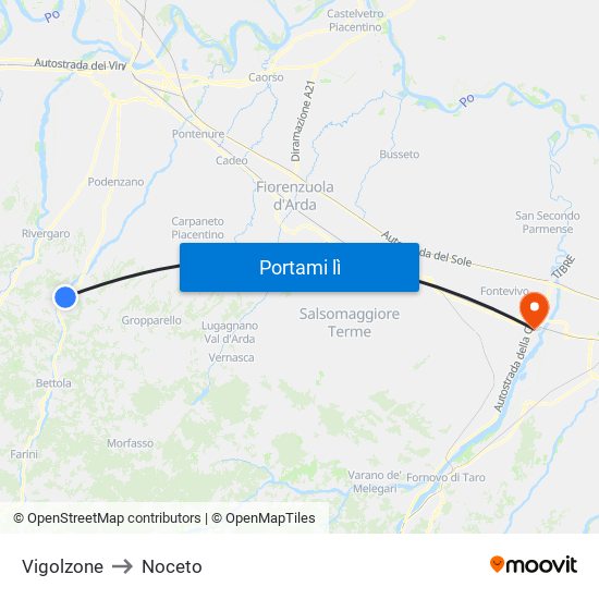 Vigolzone to Noceto map