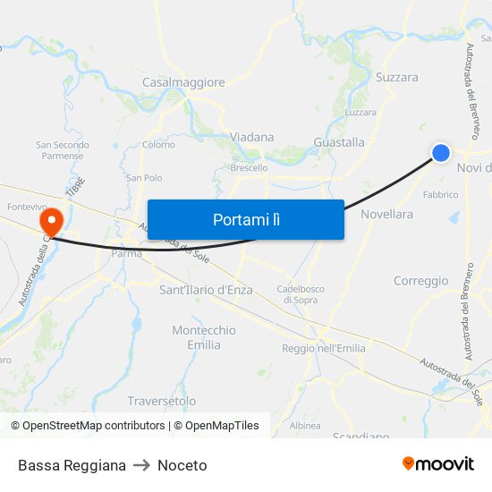 Bassa Reggiana to Noceto map