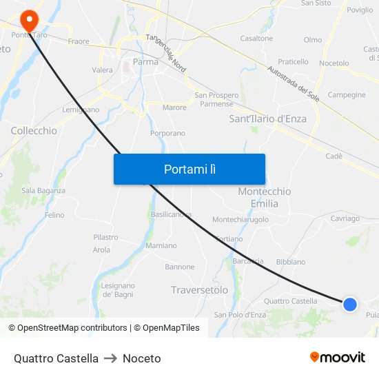 Quattro Castella to Noceto map