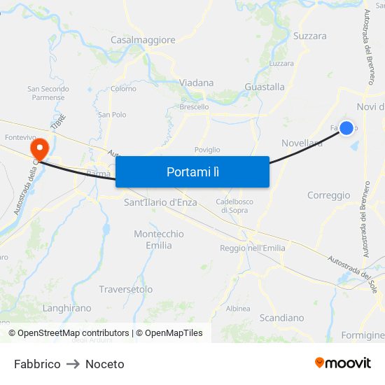 Fabbrico to Noceto map