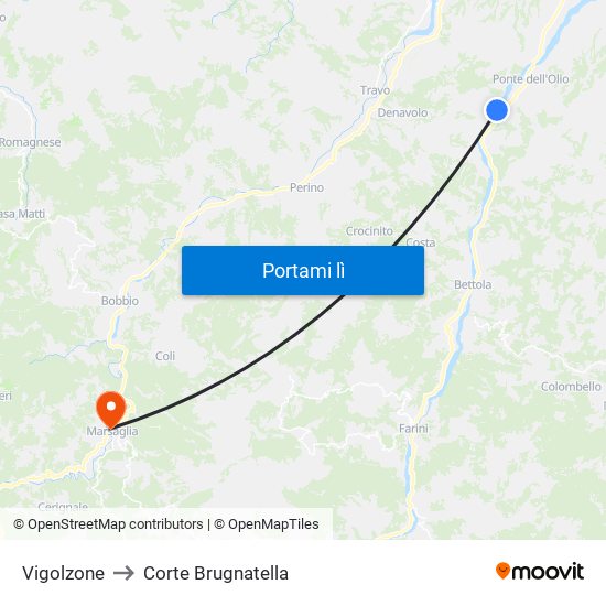 Vigolzone to Corte Brugnatella map