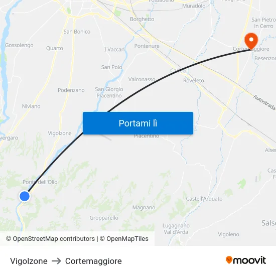 Vigolzone to Cortemaggiore map