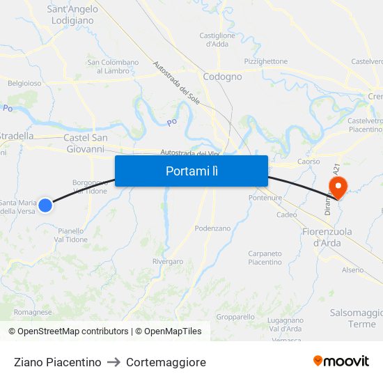 Ziano Piacentino to Cortemaggiore map