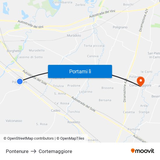 Pontenure to Cortemaggiore map