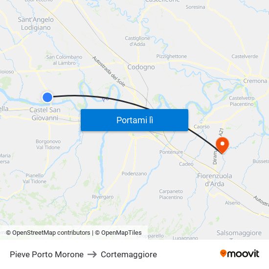 Pieve Porto Morone to Cortemaggiore map