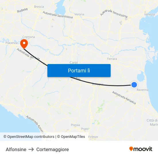 Alfonsine to Cortemaggiore map