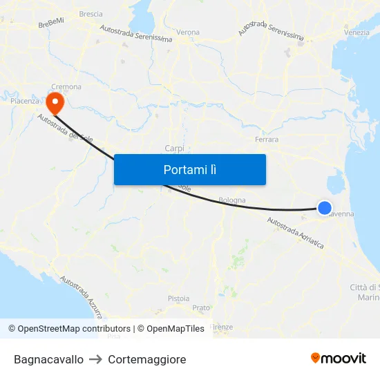 Bagnacavallo to Cortemaggiore map