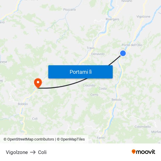 Vigolzone to Coli map