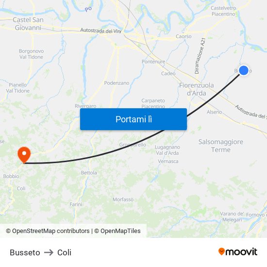 Busseto to Coli map