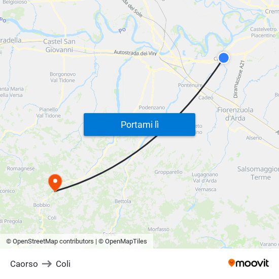 Caorso to Coli map