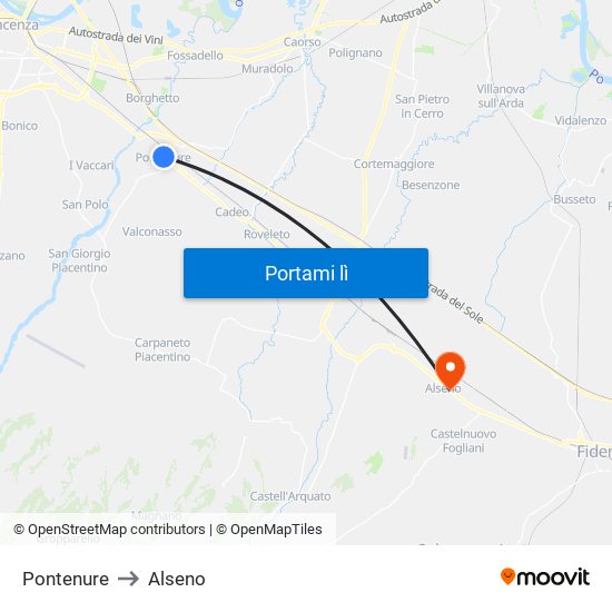 Pontenure to Alseno map