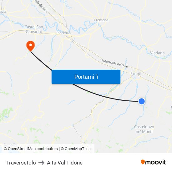 Traversetolo to Alta Val Tidone map