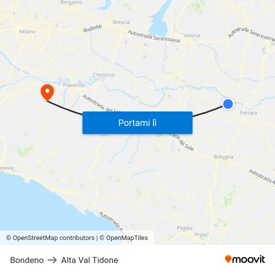 Bondeno to Alta Val Tidone map