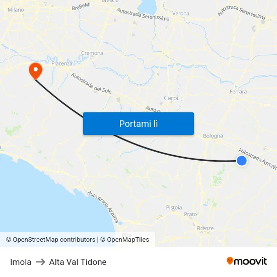 Imola to Alta Val Tidone map