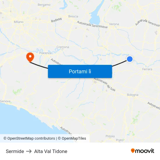 Sermide to Alta Val Tidone map