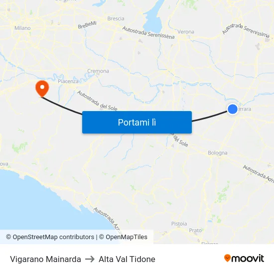Vigarano Mainarda to Alta Val Tidone map