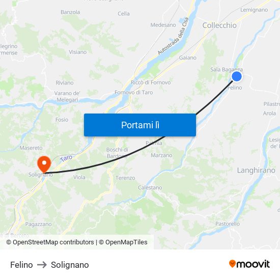 Felino to Solignano map