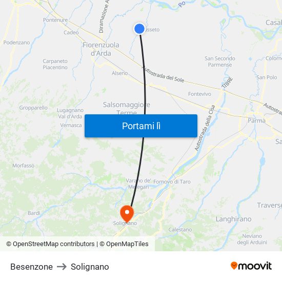 Besenzone to Solignano map